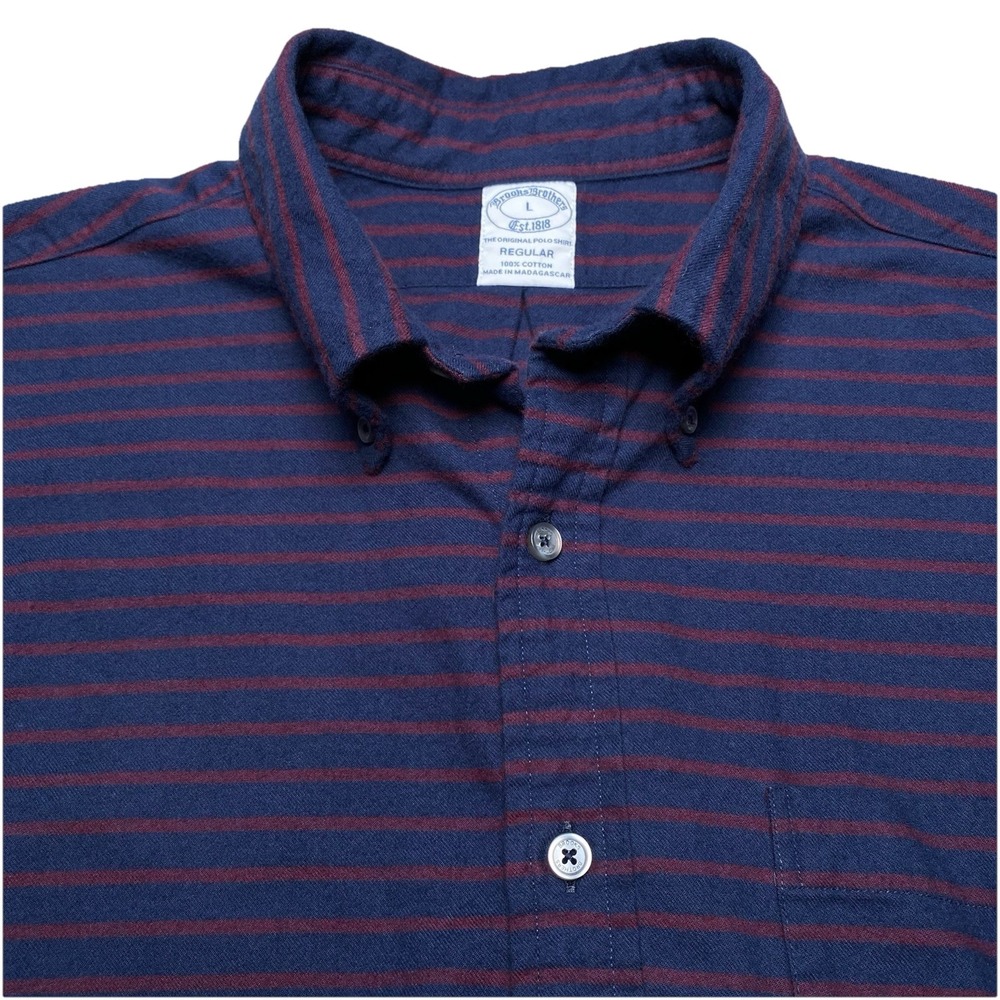 Brooks Brothers 1818 Shirt L Mens L/S Regular Brushed Flannel Navy Red Stripe